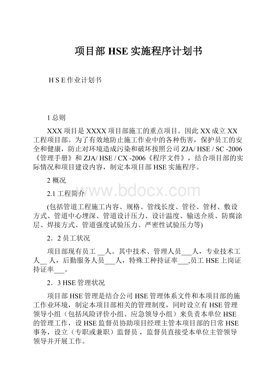 项目部HSE实施程序计划书.docx