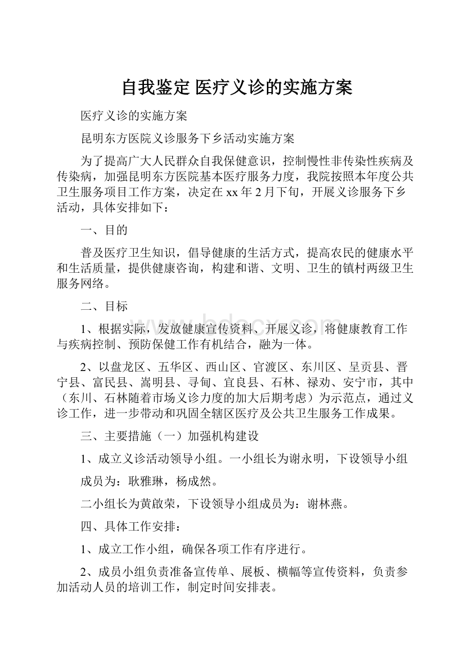 自我鉴定 医疗义诊的实施方案.docx