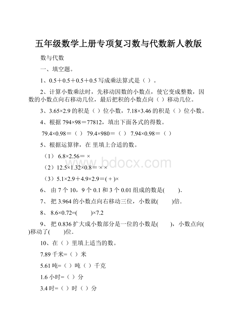 五年级数学上册专项复习数与代数新人教版.docx