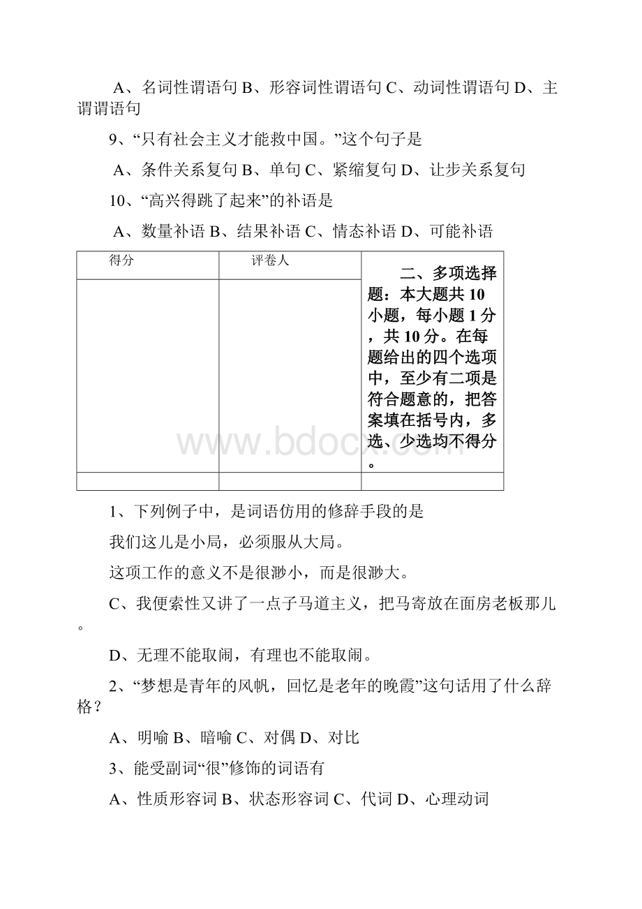 汉语言文学对外汉语现代汉语专业试题.docx_第3页