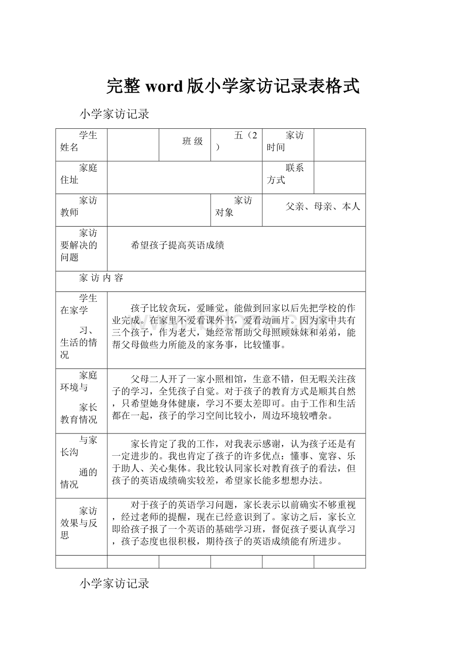 完整word版小学家访记录表格式.docx