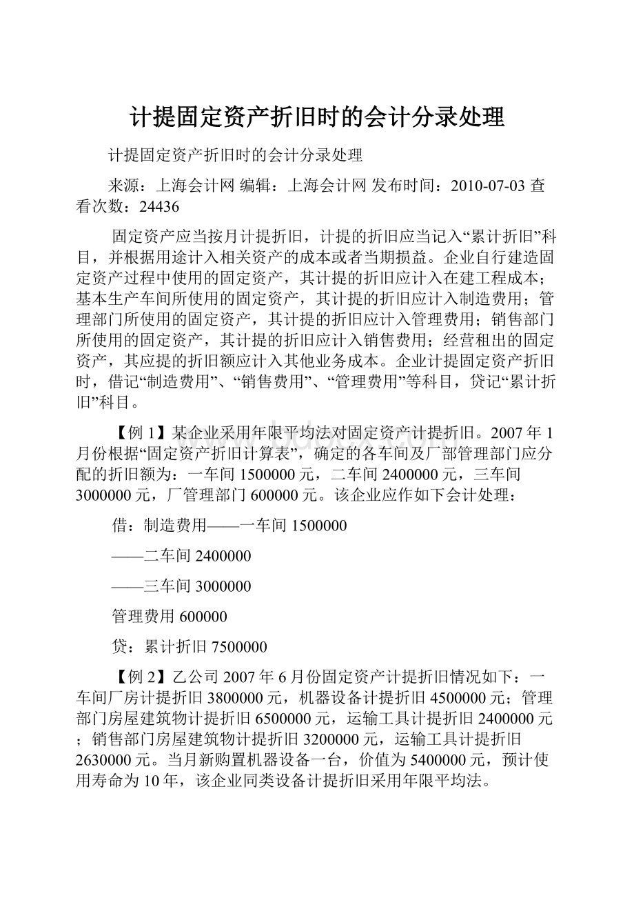 计提固定资产折旧时的会计分录处理.docx