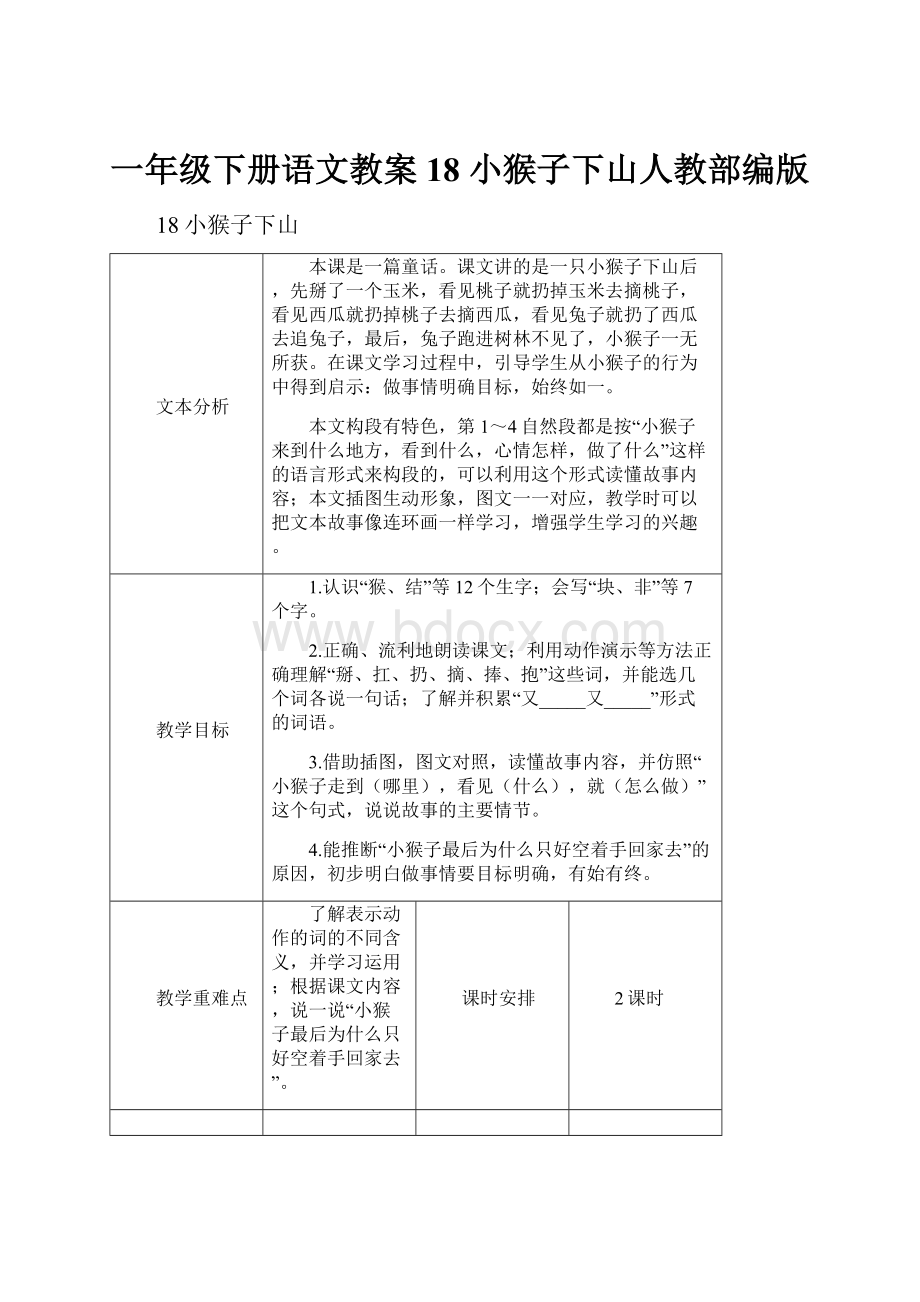 一年级下册语文教案18 小猴子下山人教部编版.docx