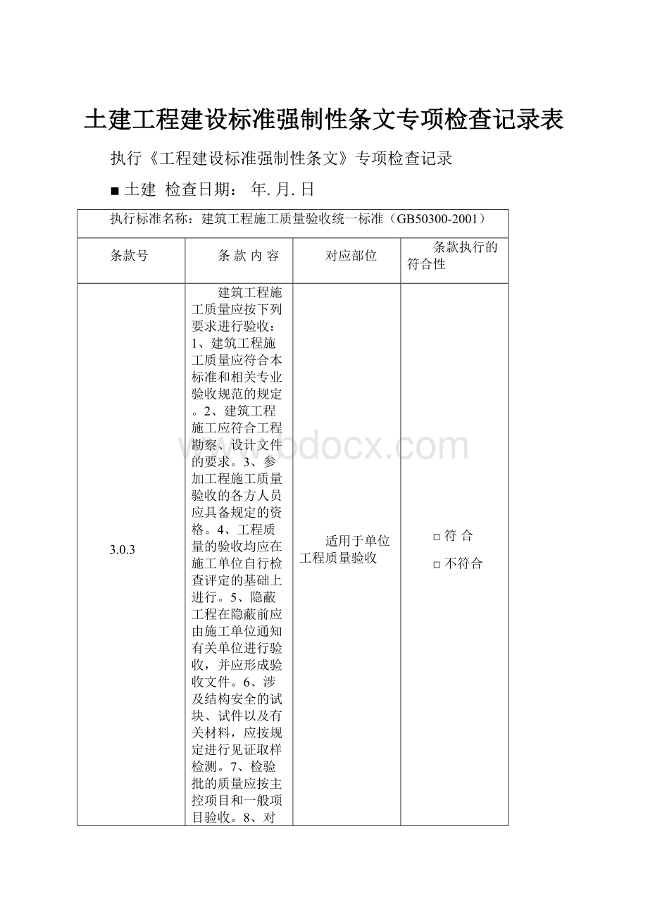 土建工程建设标准强制性条文专项检查记录表.docx_第1页