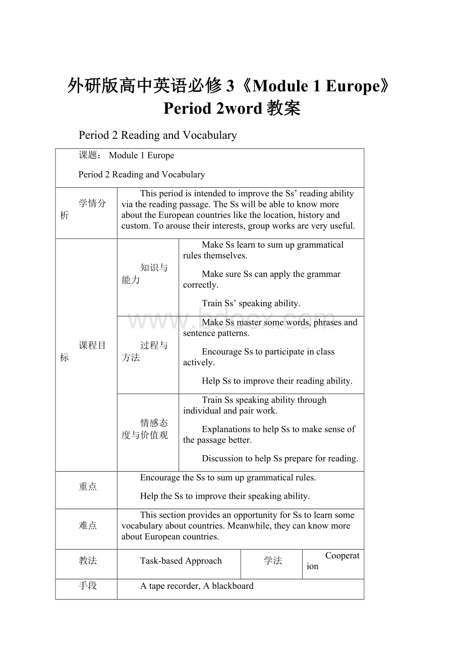 外研版高中英语必修3《Module 1 Europe》Period 2word教案.docx_第1页