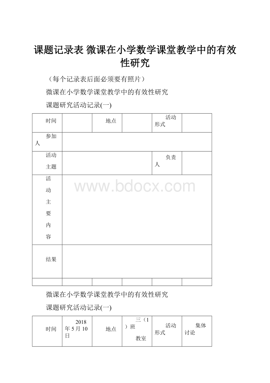 课题记录表 微课在小学数学课堂教学中的有效性研究.docx_第1页