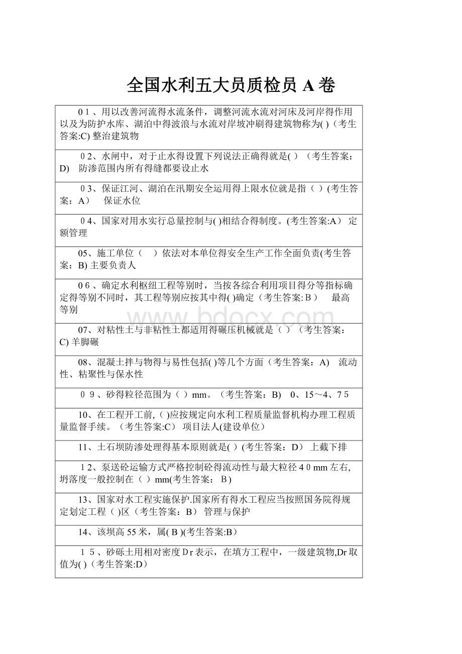 全国水利五大员质检员A卷.docx