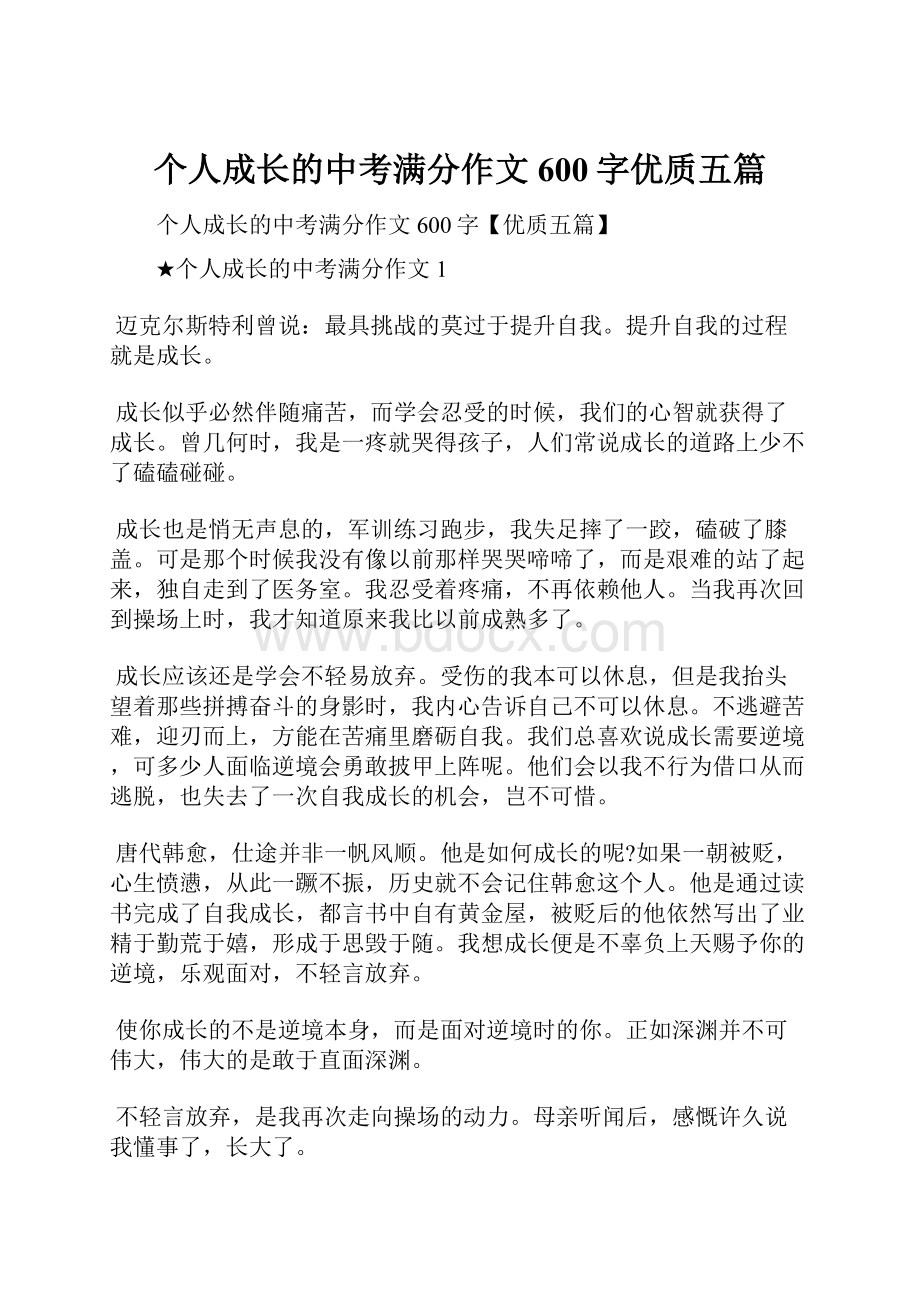 个人成长的中考满分作文600字优质五篇.docx_第1页