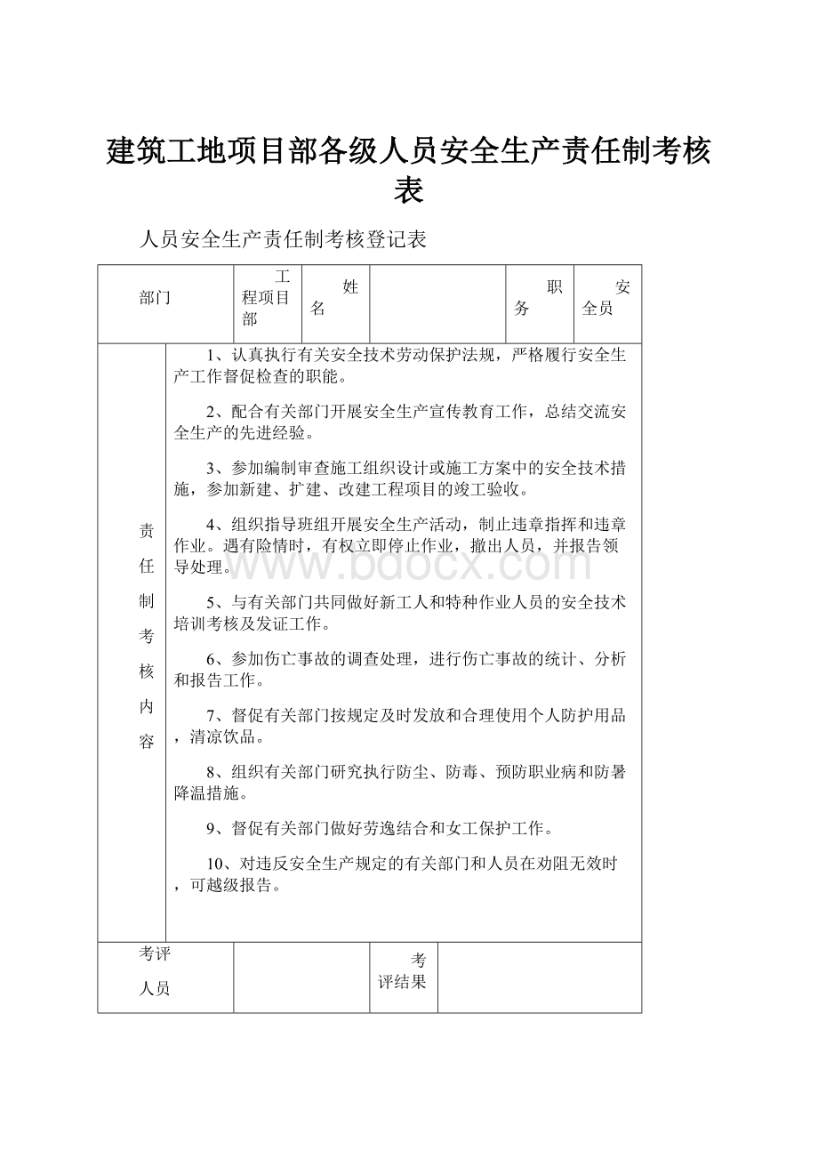 建筑工地项目部各级人员安全生产责任制考核表.docx