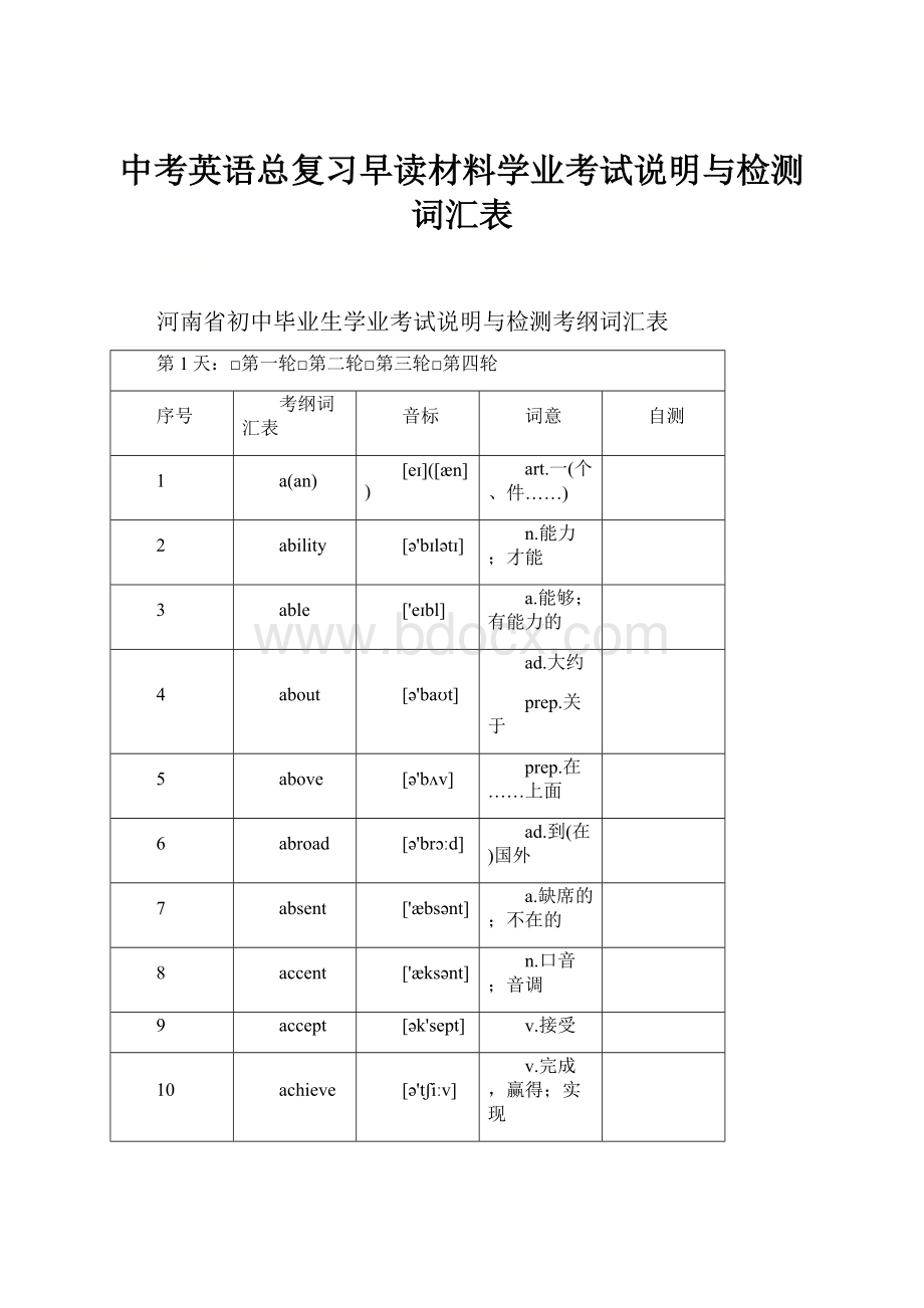 中考英语总复习早读材料学业考试说明与检测词汇表.docx_第1页