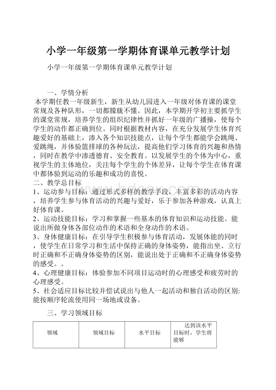 小学一年级第一学期体育课单元教学计划.docx