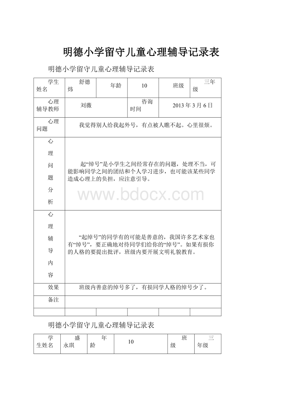 明德小学留守儿童心理辅导记录表.docx_第1页