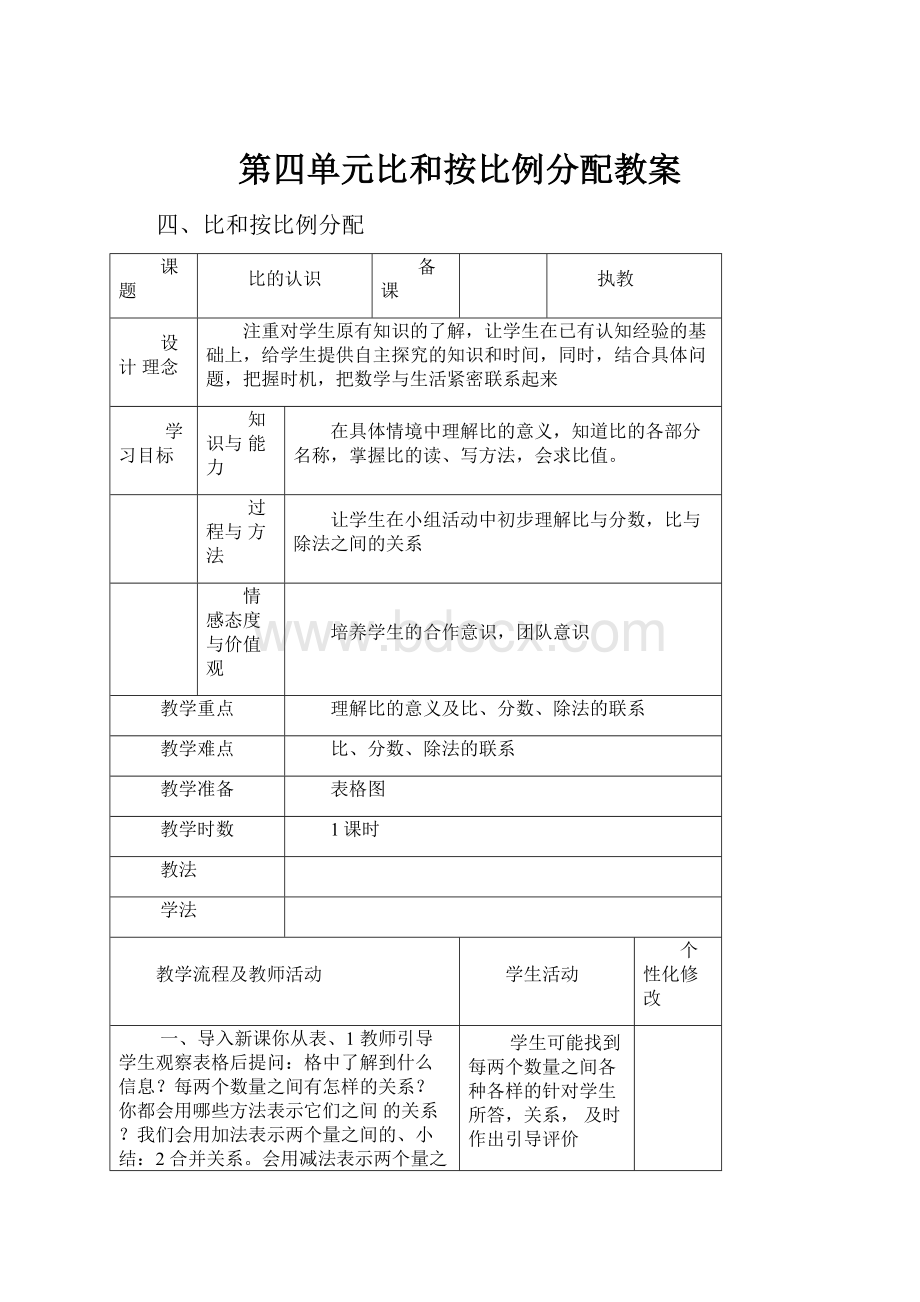 第四单元比和按比例分配教案.docx_第1页