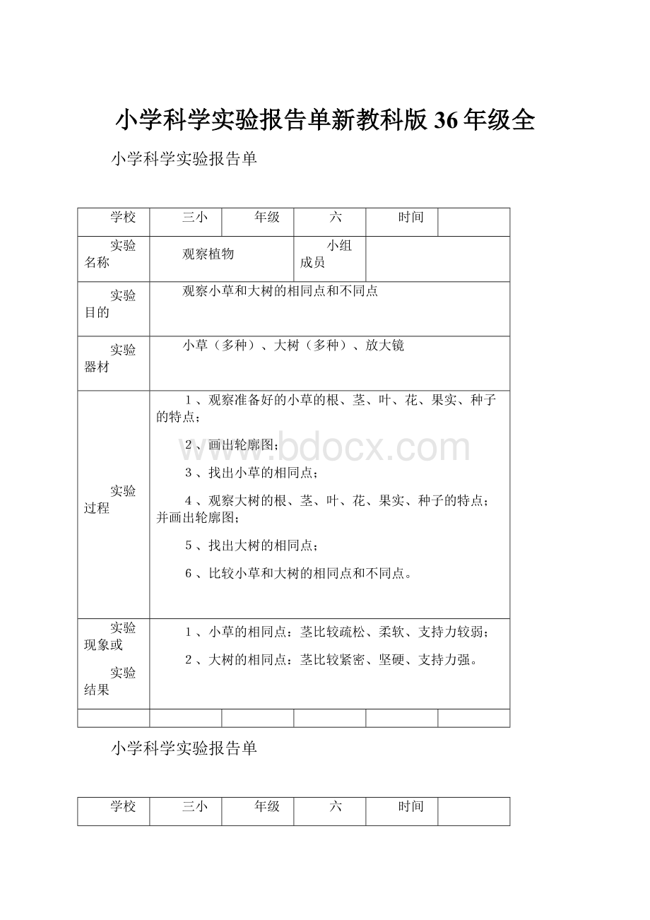 小学科学实验报告单新教科版36年级全.docx