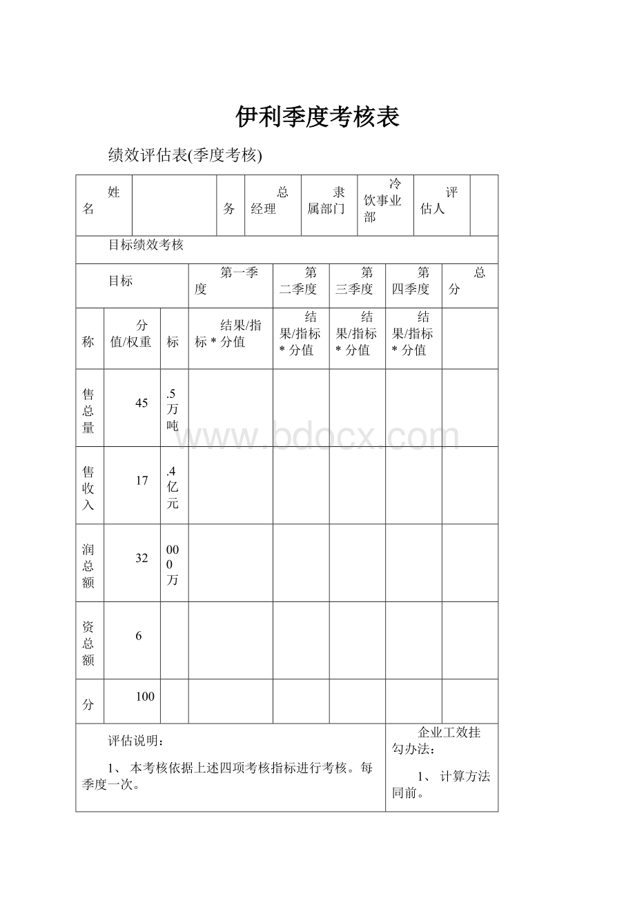 伊利季度考核表.docx