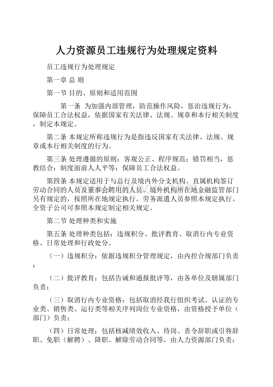 人力资源员工违规行为处理规定资料.docx_第1页