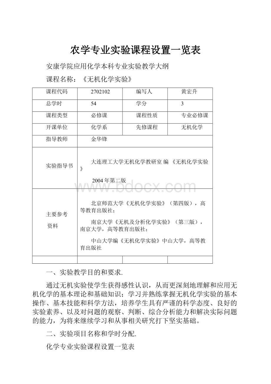 农学专业实验课程设置一览表.docx