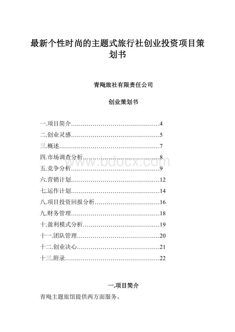 最新个性时尚的主题式旅行社创业投资项目策划书.docx_第1页