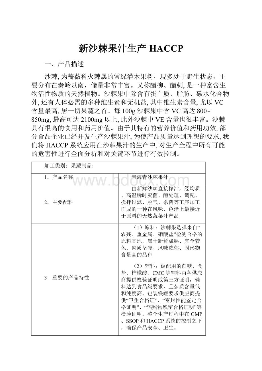 新沙棘果汁生产HACCP.docx_第1页
