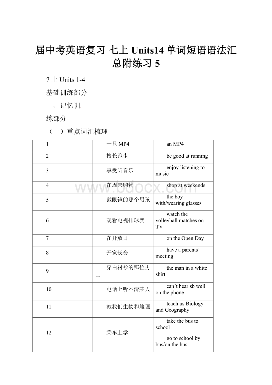 届中考英语复习 七上Units14单词短语语法汇总附练习5.docx