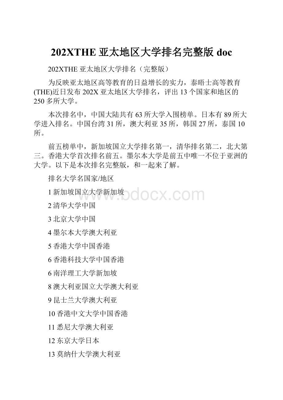 202XTHE亚太地区大学排名完整版doc.docx