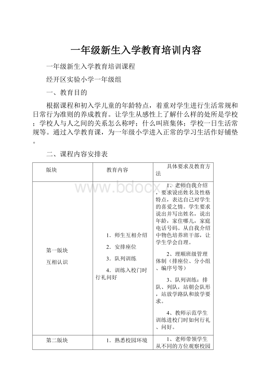 一年级新生入学教育培训内容.docx_第1页