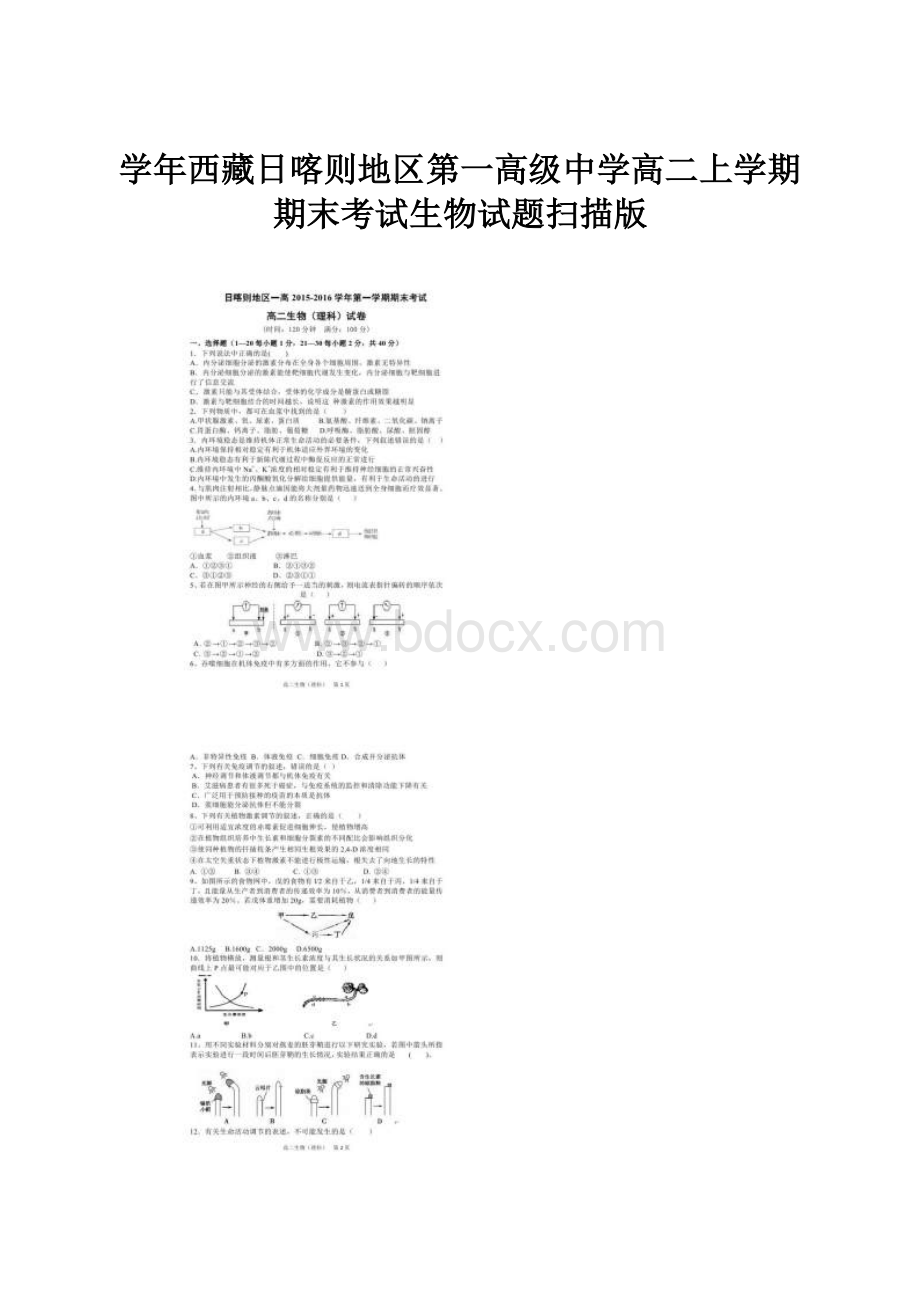 学年西藏日喀则地区第一高级中学高二上学期期末考试生物试题扫描版.docx_第1页