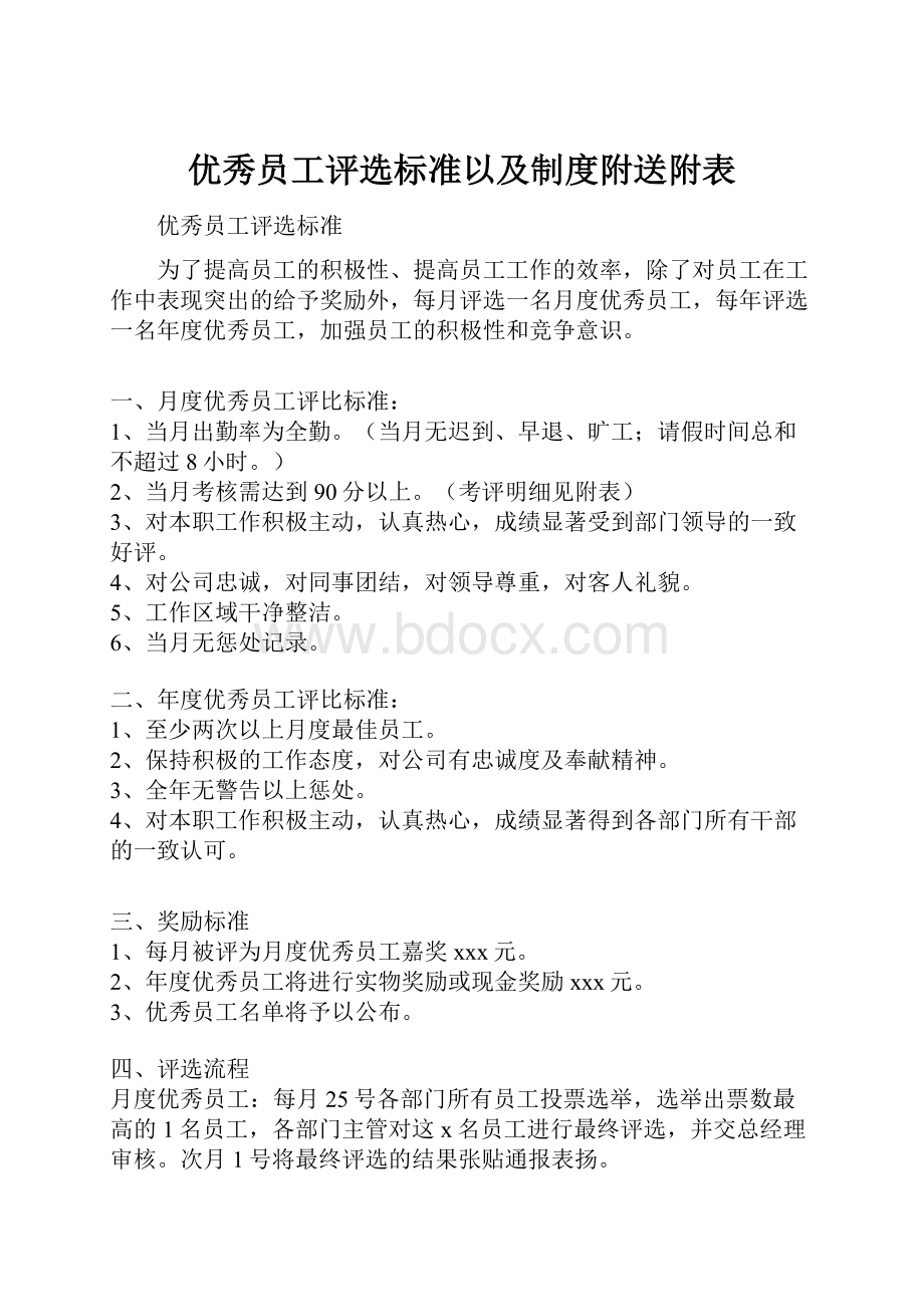 优秀员工评选标准以及制度附送附表.docx