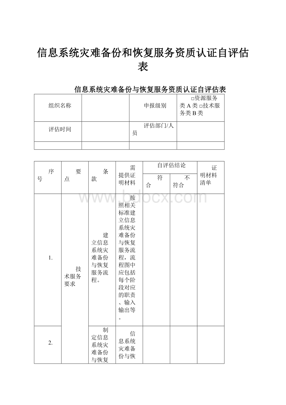 信息系统灾难备份和恢复服务资质认证自评估表.docx_第1页