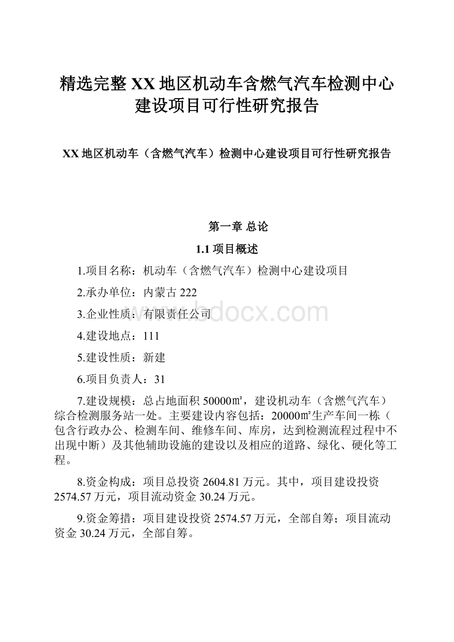 精选完整XX地区机动车含燃气汽车检测中心建设项目可行性研究报告.docx_第1页