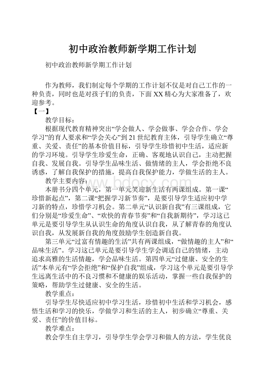 初中政治教师新学期工作计划.docx