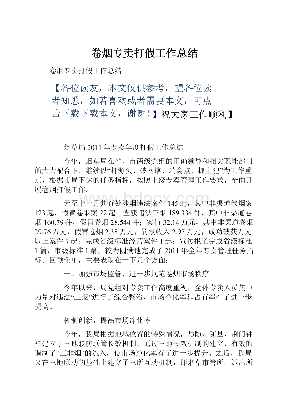 卷烟专卖打假工作总结.docx_第1页