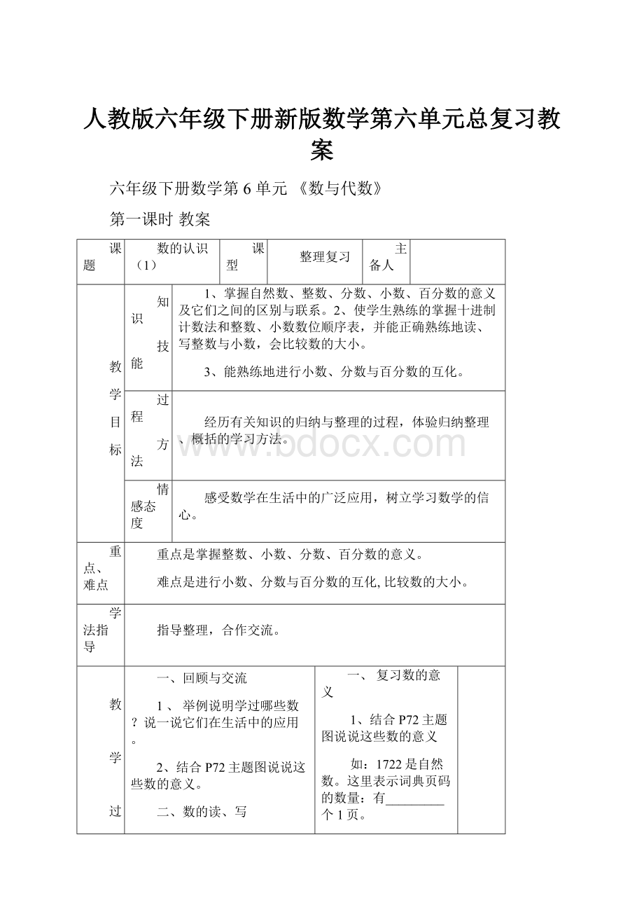 人教版六年级下册新版数学第六单元总复习教案.docx_第1页