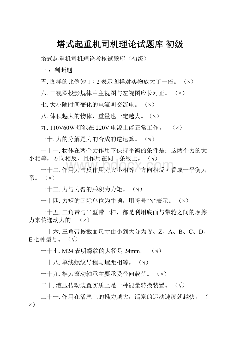 塔式起重机司机理论试题库 初级.docx_第1页