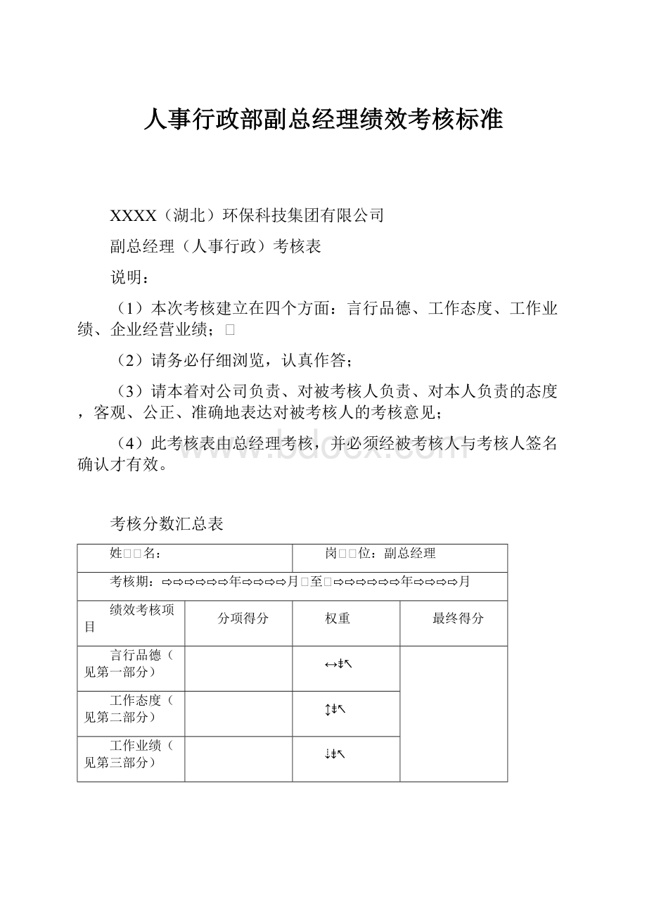 人事行政部副总经理绩效考核标准.docx_第1页