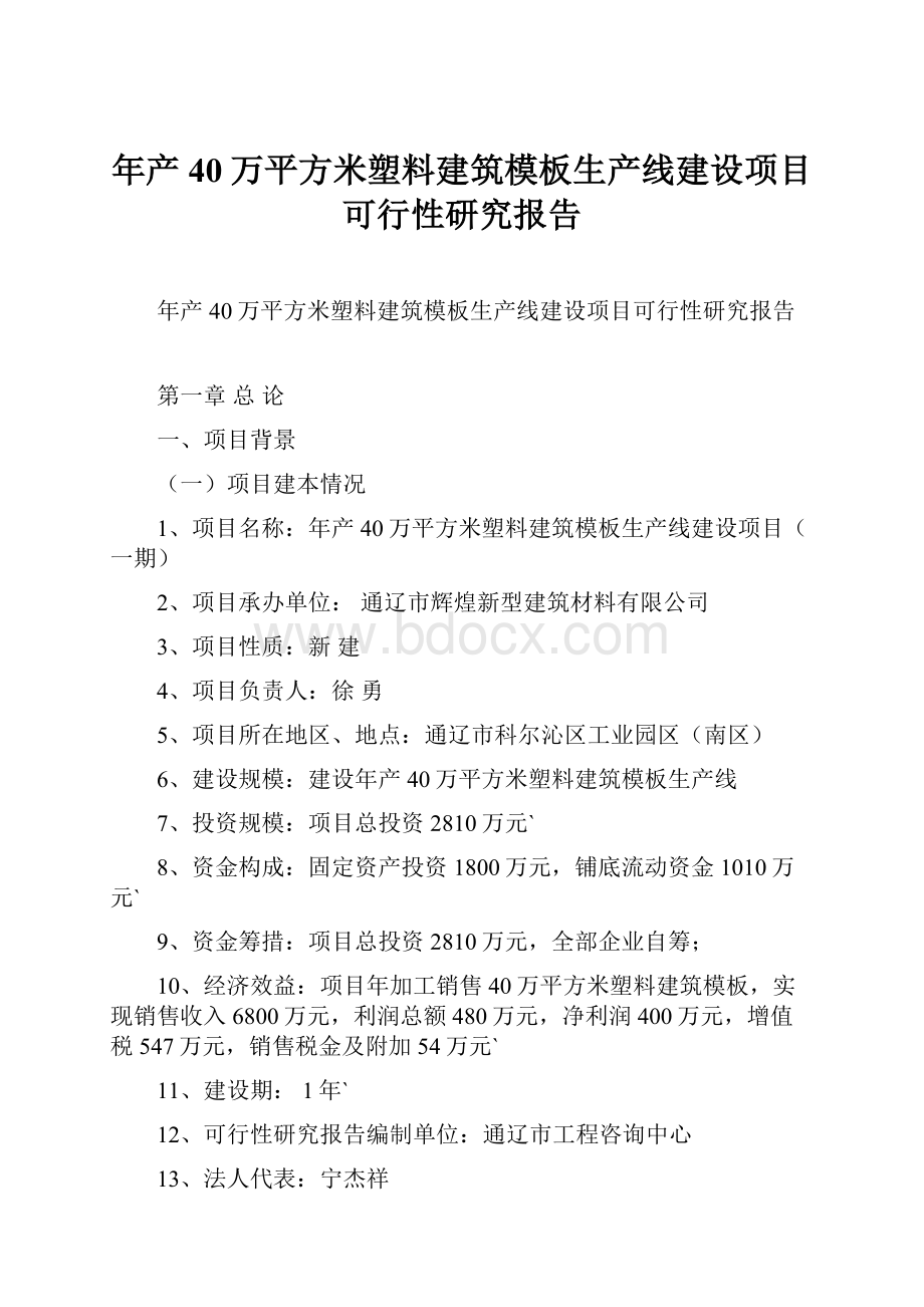 年产40万平方米塑料建筑模板生产线建设项目可行性研究报告.docx_第1页