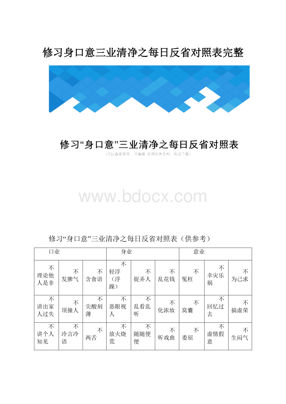 修习身口意三业清净之每日反省对照表完整.docx_第1页