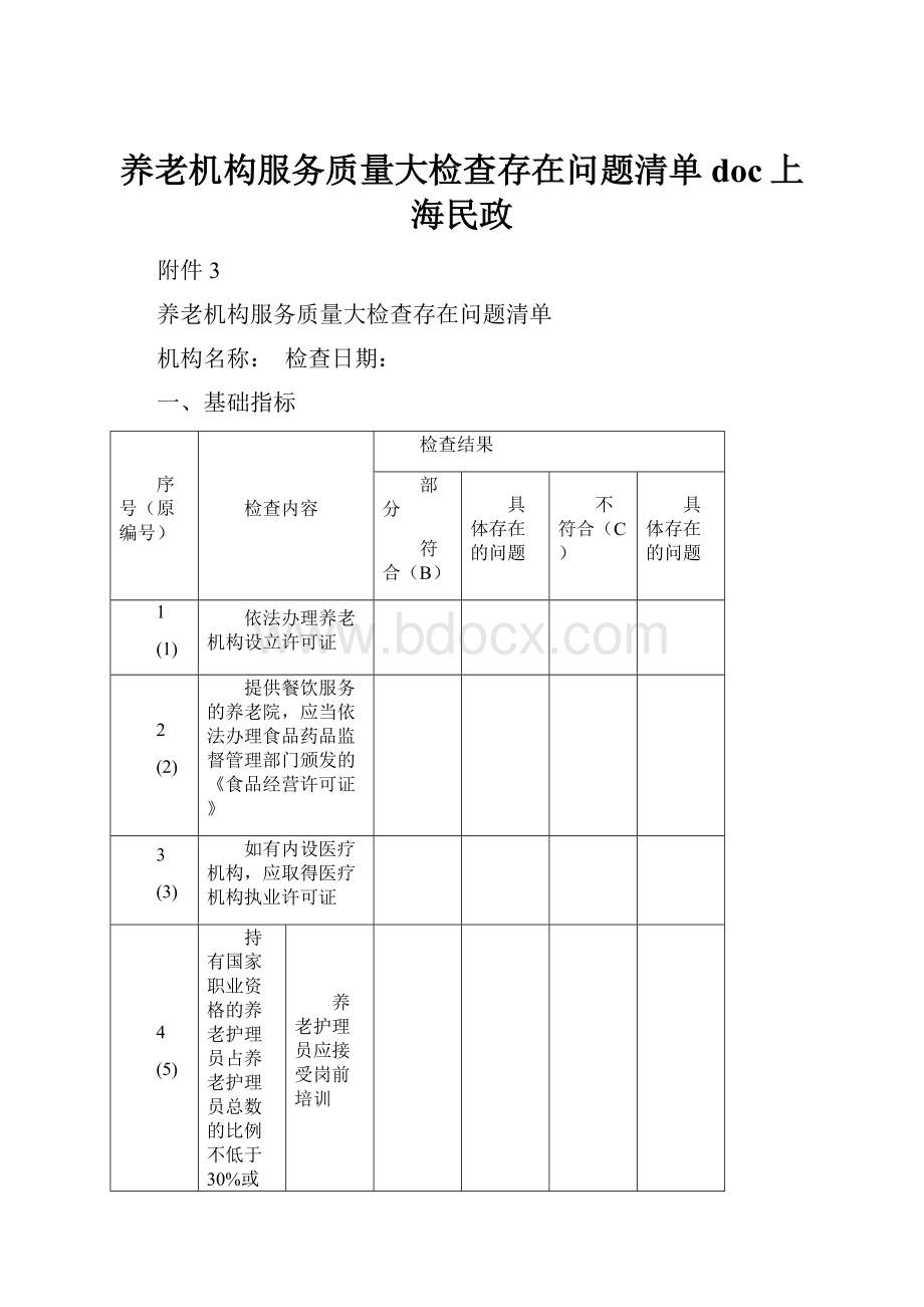 养老机构服务质量大检查存在问题清单doc上海民政.docx_第1页