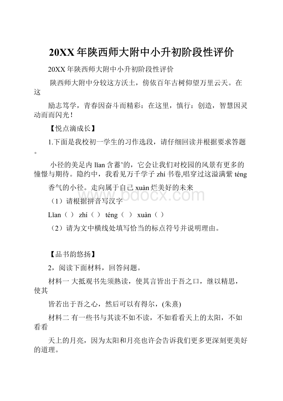 20XX年陕西师大附中小升初阶段性评价.docx_第1页