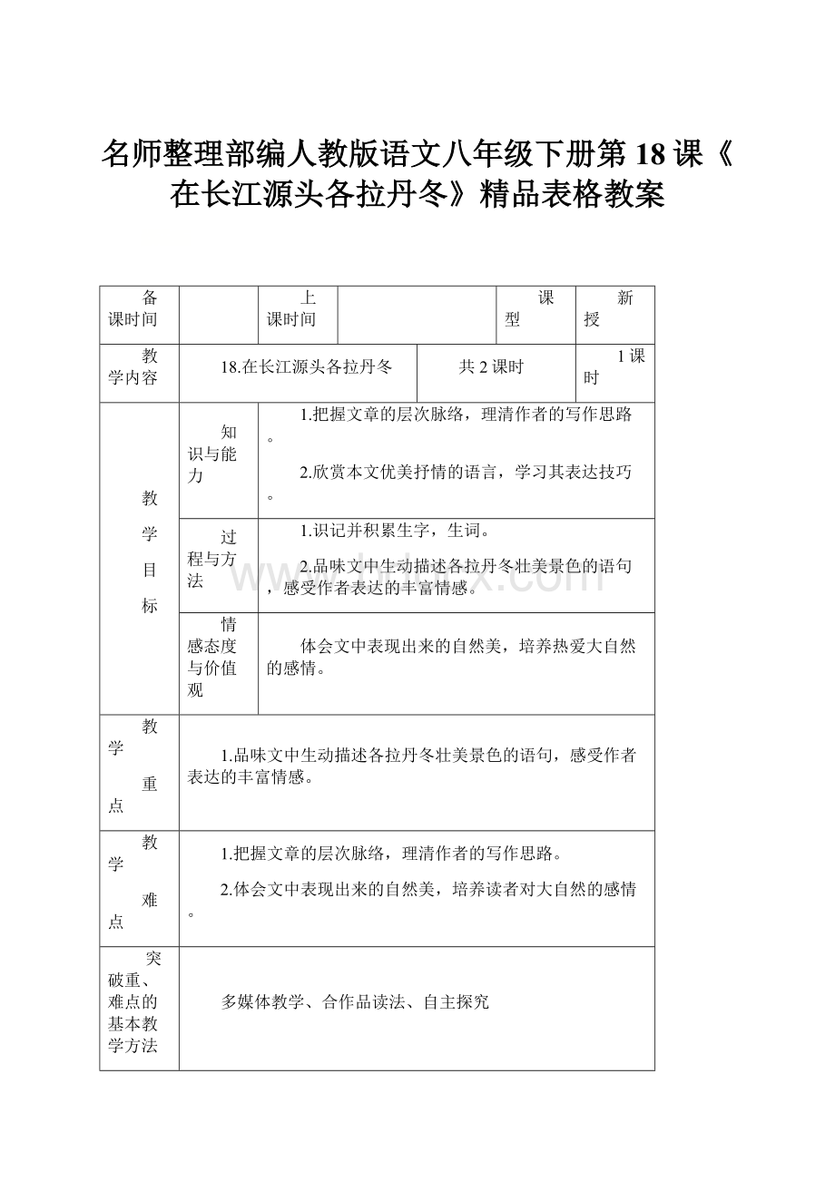 名师整理部编人教版语文八年级下册第18课《在长江源头各拉丹冬》精品表格教案.docx