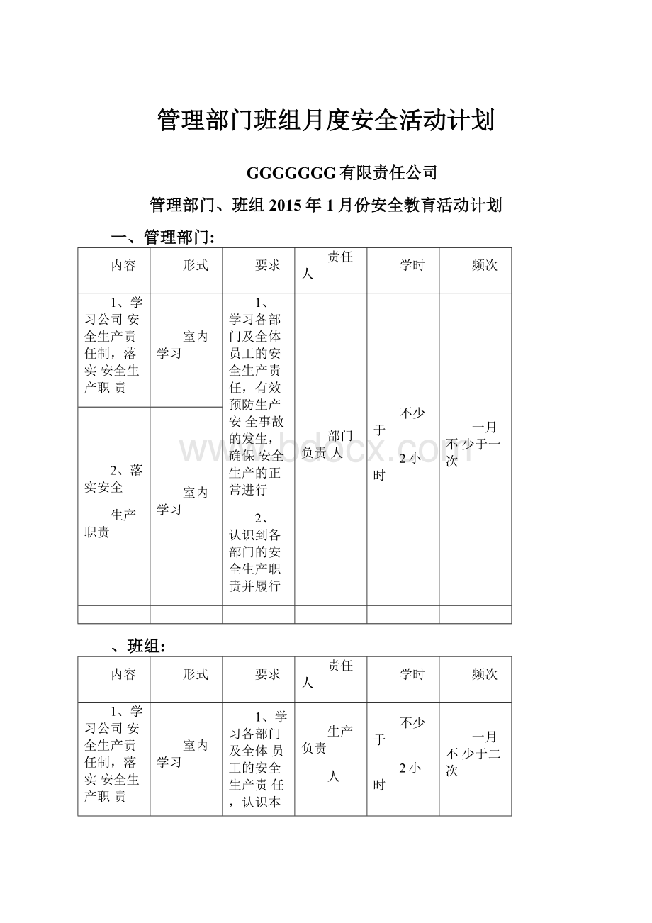 管理部门班组月度安全活动计划.docx