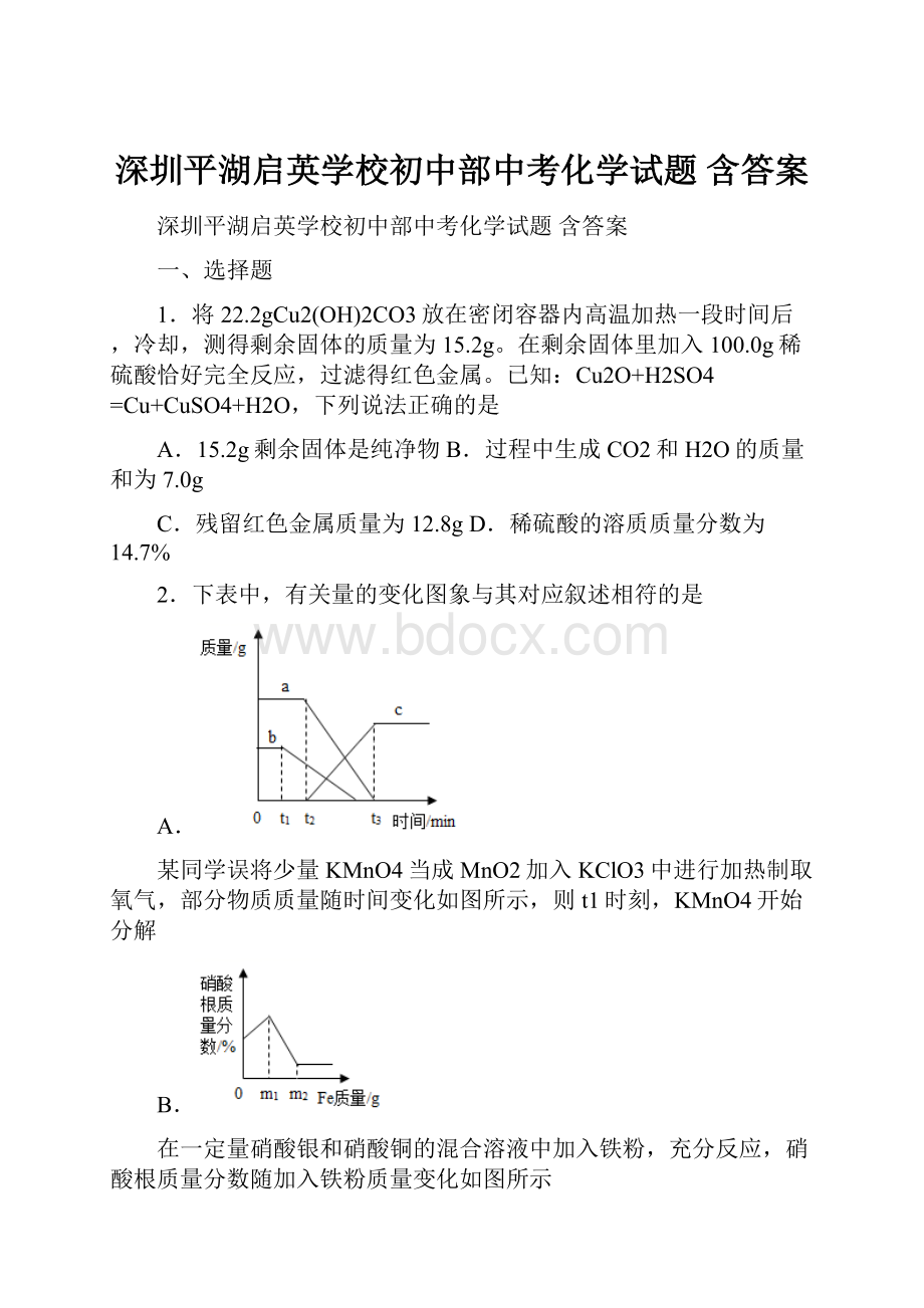 深圳平湖启英学校初中部中考化学试题 含答案.docx_第1页