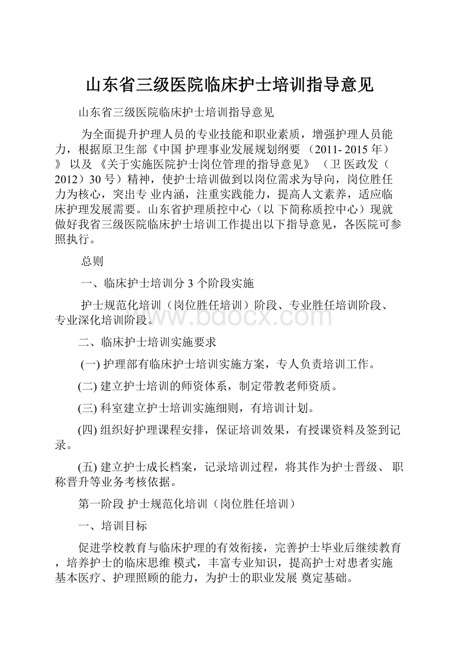 山东省三级医院临床护士培训指导意见.docx