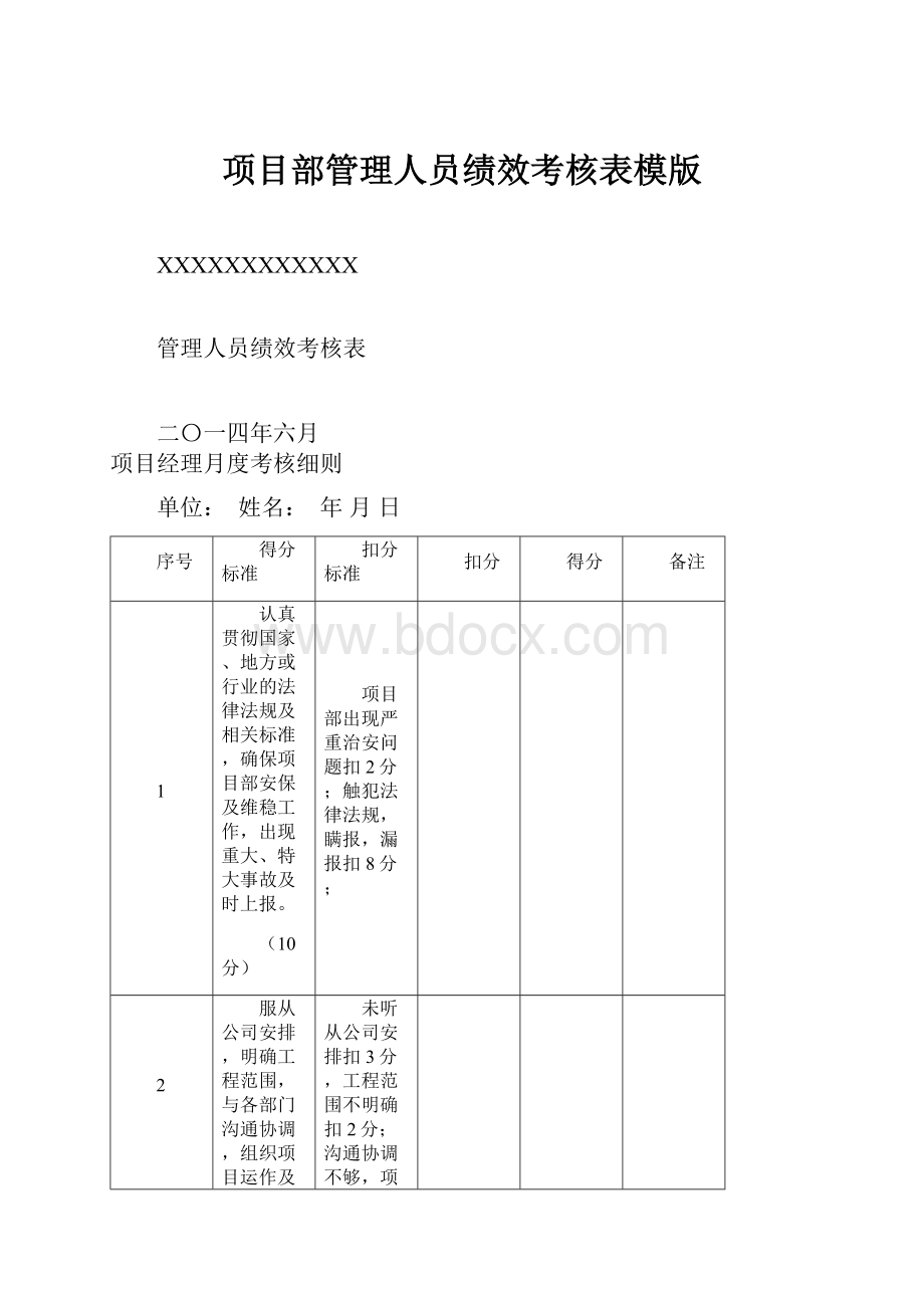 项目部管理人员绩效考核表模版.docx_第1页