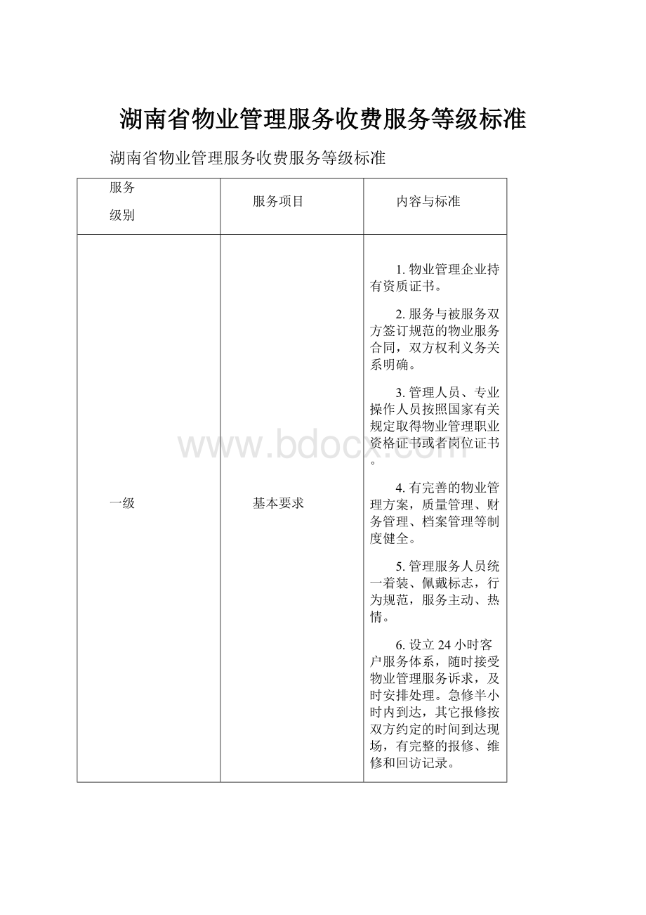 湖南省物业管理服务收费服务等级标准.docx