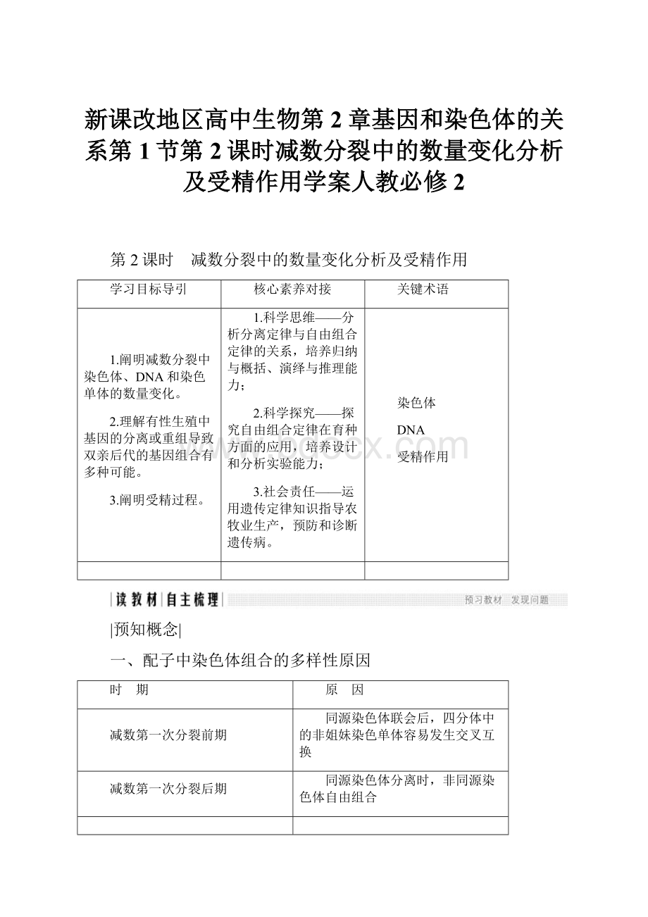 新课改地区高中生物第2章基因和染色体的关系第1节第2课时减数分裂中的数量变化分析及受精作用学案人教必修2.docx_第1页