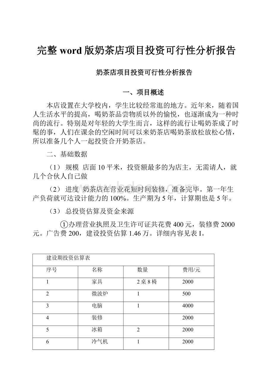 完整word版奶茶店项目投资可行性分析报告.docx_第1页