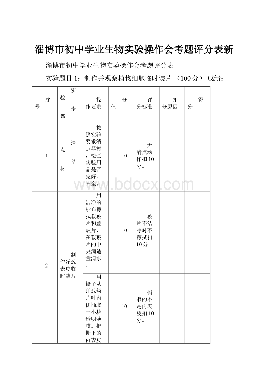 淄博市初中学业生物实验操作会考题评分表新.docx_第1页