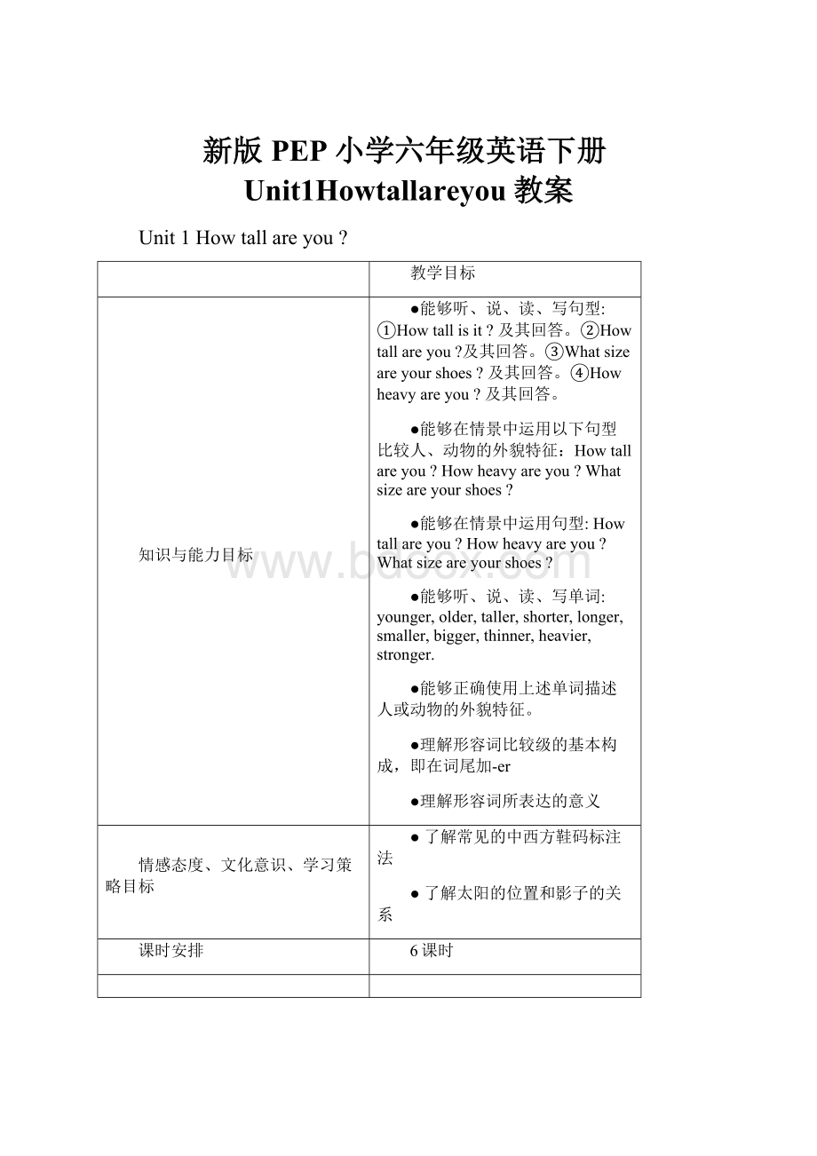 新版PEP小学六年级英语下册Unit1Howtallareyou教案.docx