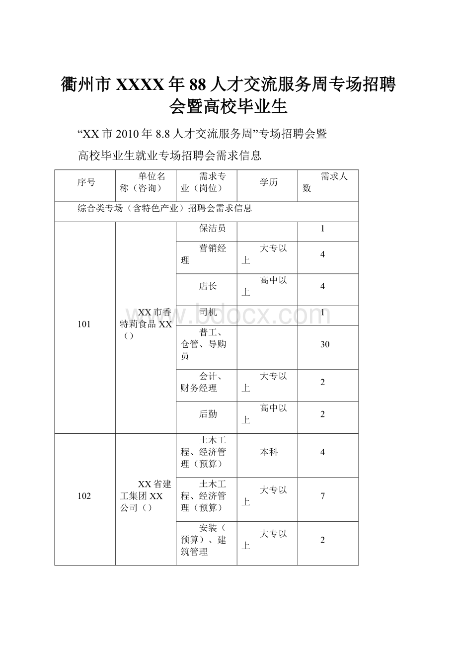 衢州市XXXX年88人才交流服务周专场招聘会暨高校毕业生.docx